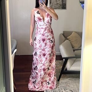 Marchesa Notte Maxi Floral Gown Dress White pink Sleeveless V-neck Sample Size S